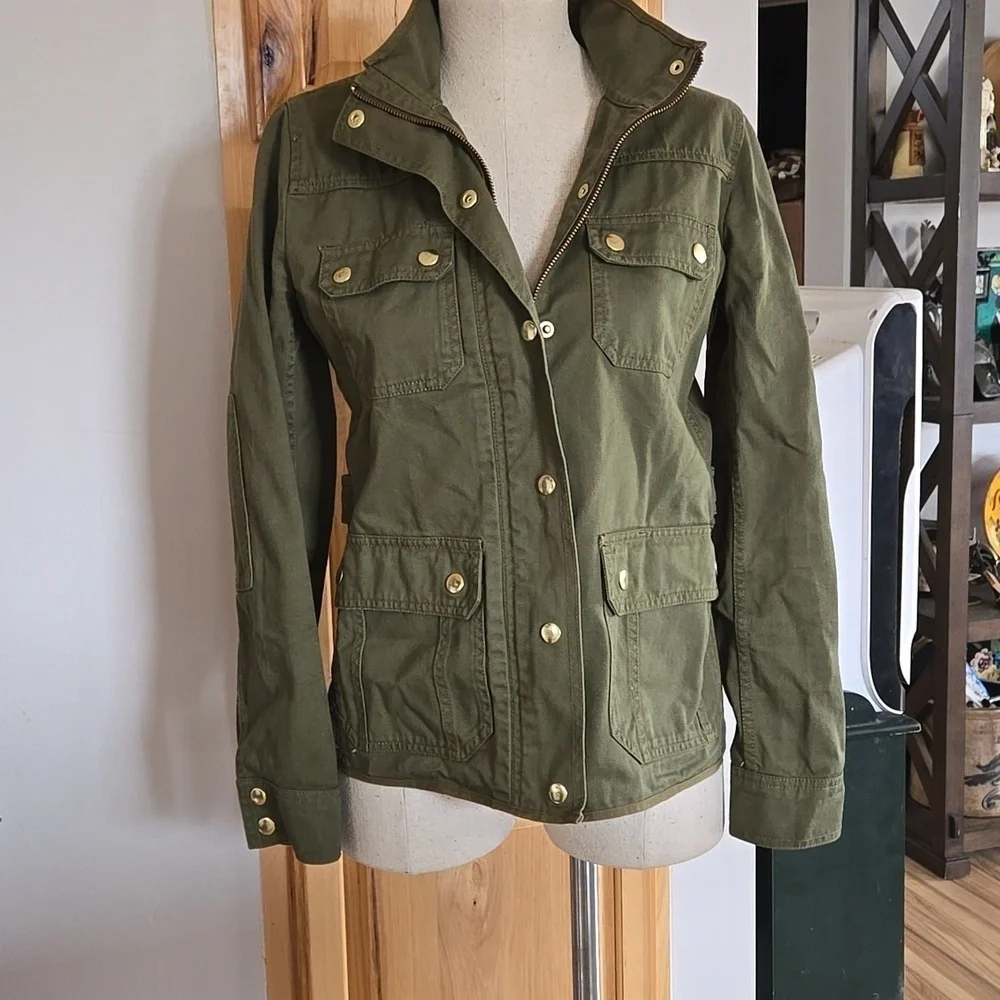 J Crew 100 Percent Cotton Field Jacket Olive Green With Goldtone Hardware XS